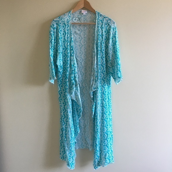 LuLaRoe Sarah Daped Duster Womens Sz M Open Front Cardigan Blue White 3/4 Sleeve - Picture 1 of 4